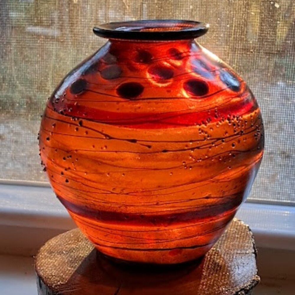 Handblown Art Glass Vase, Murano or Czech Art Deco Style, Amber, Blue & Green